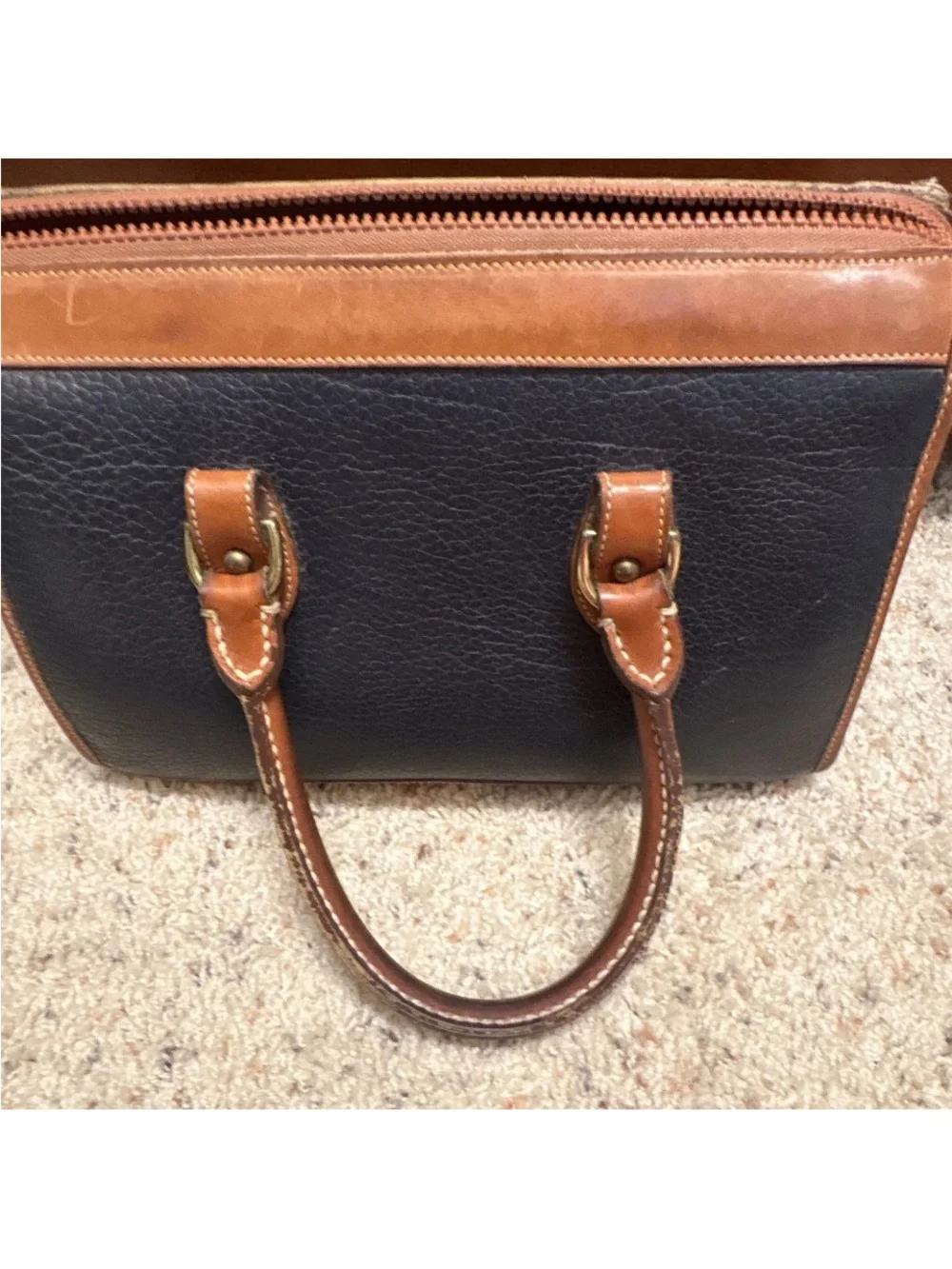 Dooney & Bourke Black Pebbled Leather Satchel with Brown Trim